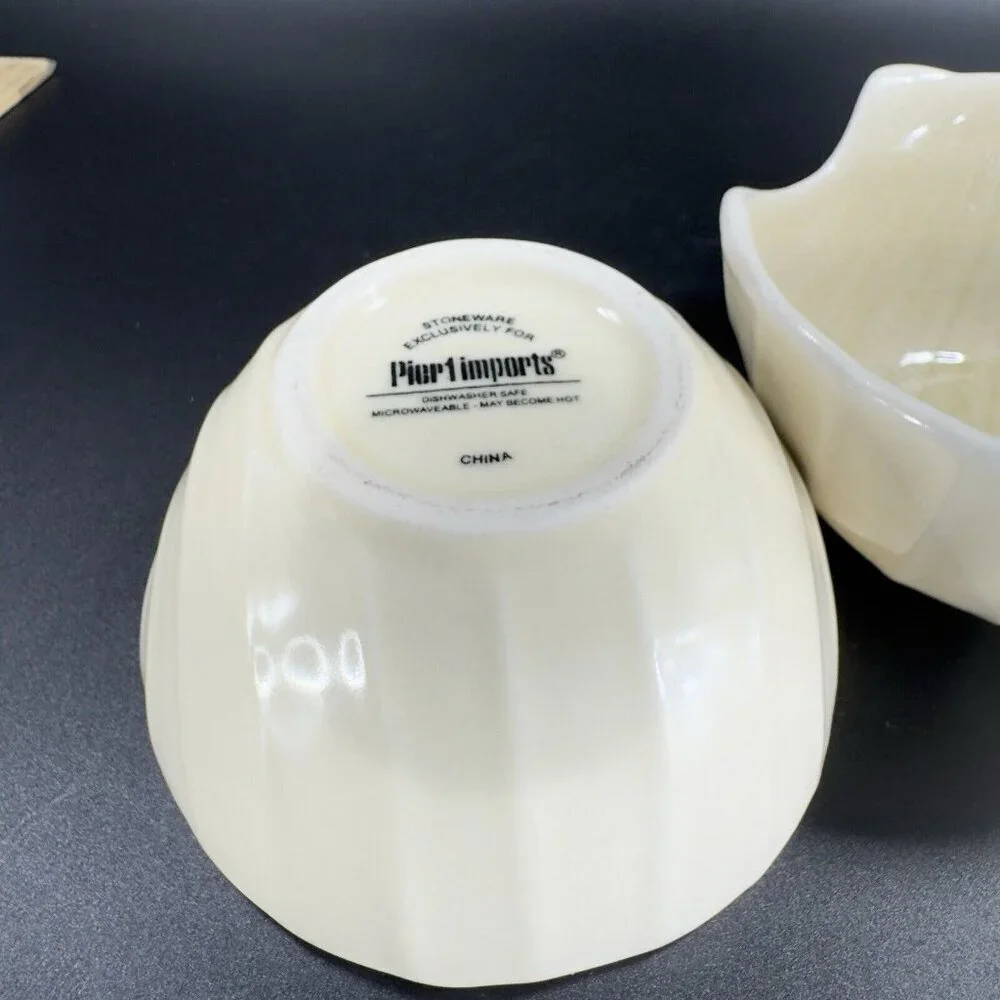 Pier 1 Imports Ivory Crackle Glaze Ceramic Shell Shape Dish Small Bowl Set 2 VTG